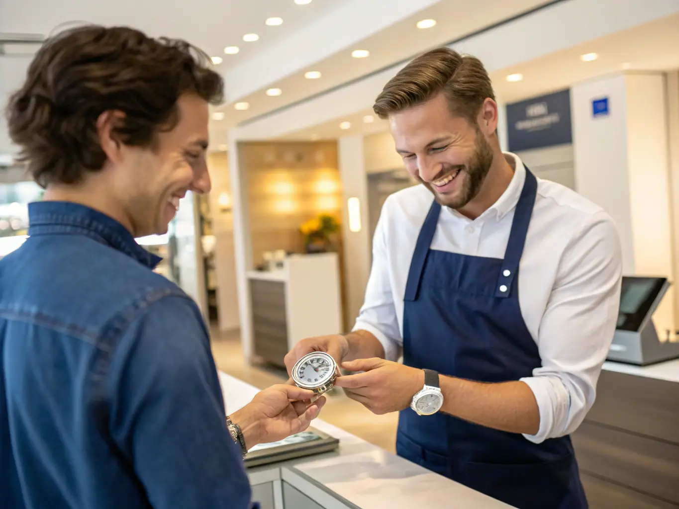 A satisfied customer shaking hands with a Trademark Heritage representative, symbolizing the company's commitment to exceptional customer service.