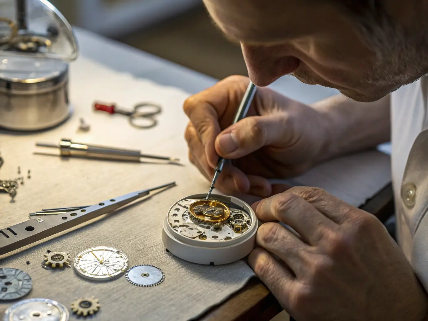 A close-up image of a watchmaker meticulously inspecting the intricate movement of a luxury watch, highlighting the detailed authentication process.